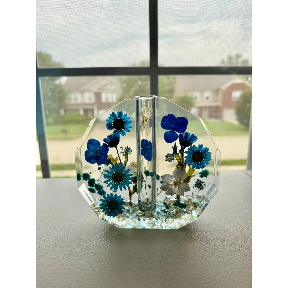 Forever Bloom Blue Meadow Bud Vase Real Pressed Flowers in Crystal Clear Resin